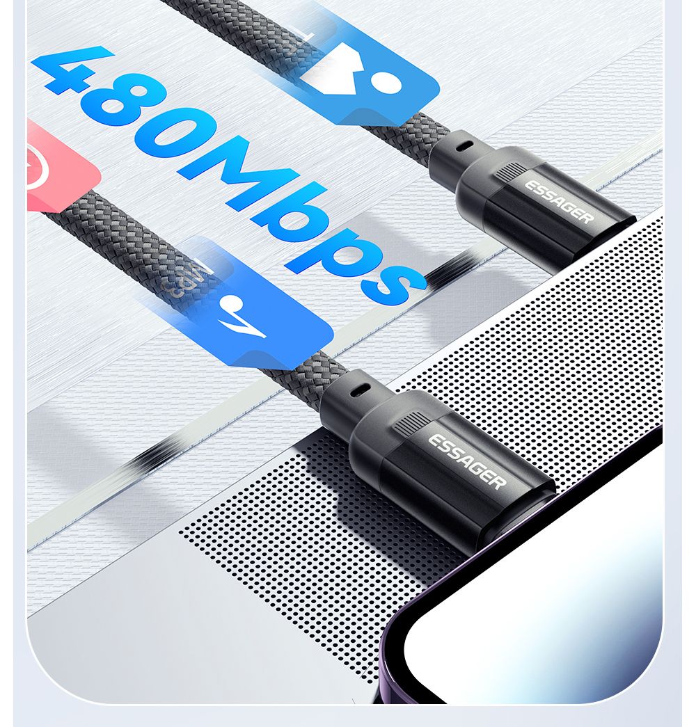 Nabíjecí kabel ESSAGER 29W 3A Type-C na Lightning, USB 2.0 480 Mbps, magnetická adsorpce, flexibilní a nastavitelný, chytrý čip, 1 m