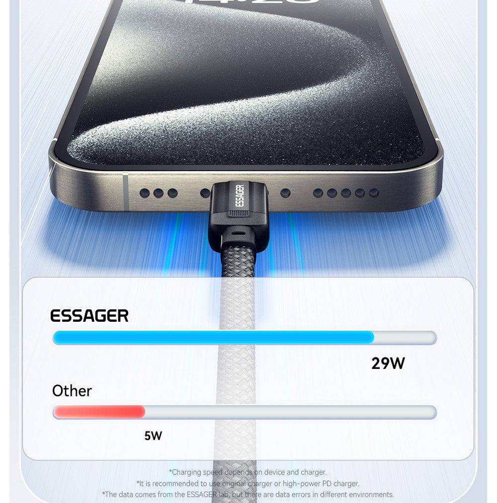 Nabíjecí kabel ESSAGER 29W 3A Type-C na Lightning, USB 2.0 480 Mbps, magnetická adsorpce, flexibilní a nastavitelný, chytrý čip, 1 m