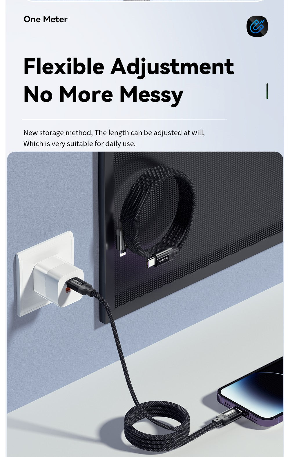Nabíjecí kabel ESSAGER 29W 3A Type-C na Lightning, USB 2.0 480 Mbps, magnetická adsorpce, flexibilní a nastavitelný, chytrý čip, 1 m