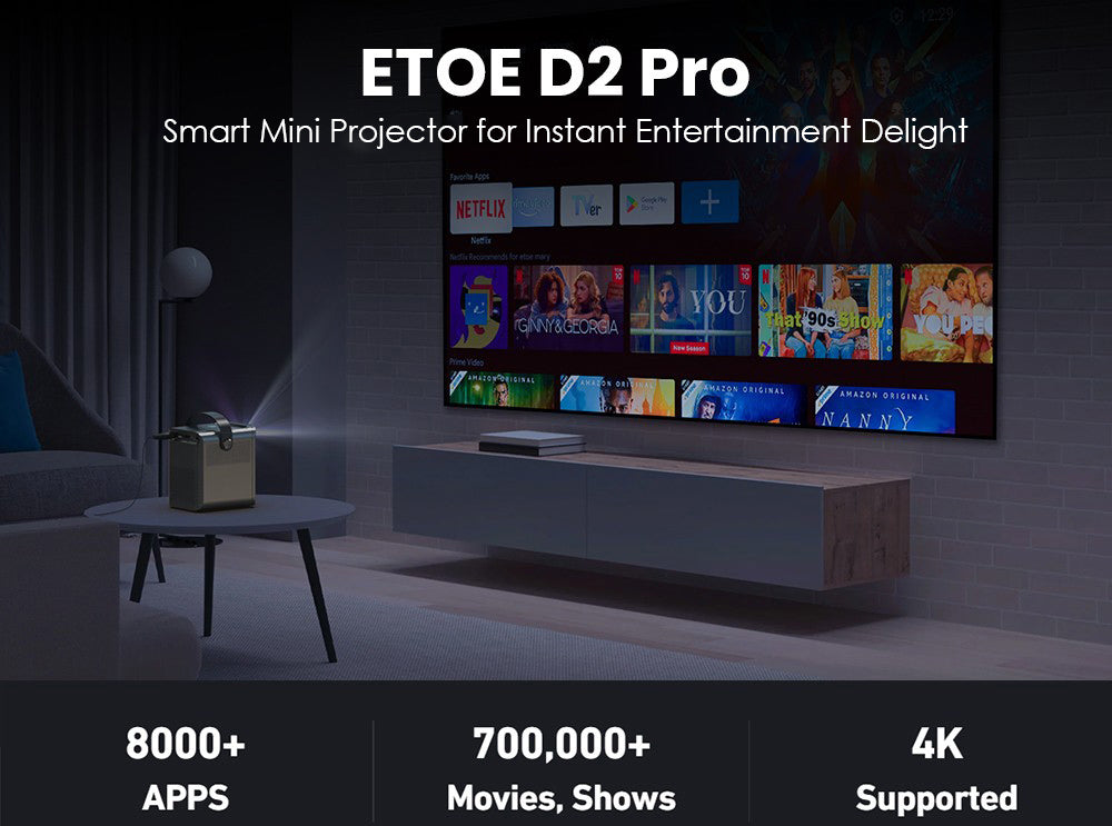 [Certifikovaný pro Netflix a Android TV] Projektor ETOE D2 Pro, 300 ANSI, Android TV 10, nativní rozlišení 1080P, korekce lichoběžníkového zkreslení
