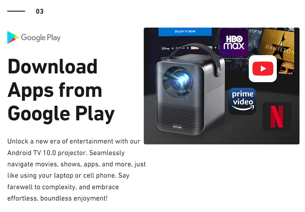 Projektor ETOE D2 Pro, 200 ANSI, Android TV 11.0, nativní rozlišení 1080P, korekce lichoběžníkového zkreslení - zástrčka EU