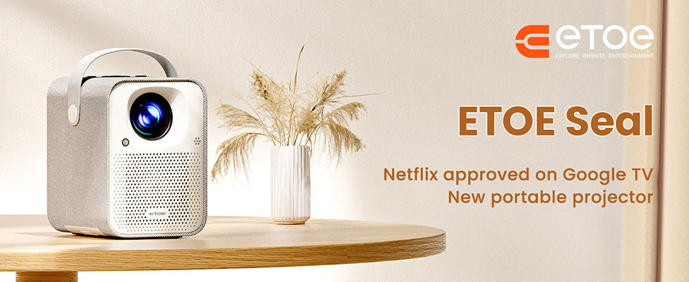 Projektor ETOE Seal, 400 ANSI lumenů, Google TV, nativní rozlišení 1080p, automatické ostření a automatická korekce lichoběžníkového zkreslení, Google Assistant