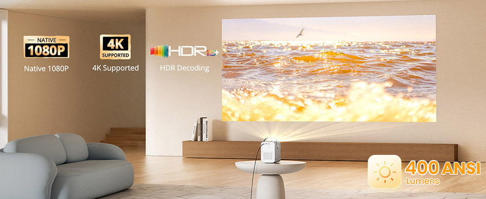 Projektor ETOE Seal, 400 ANSI lumenů, Google TV, nativní rozlišení 1080p, automatické ostření a automatická korekce lichoběžníkového zkreslení, Google Assistant