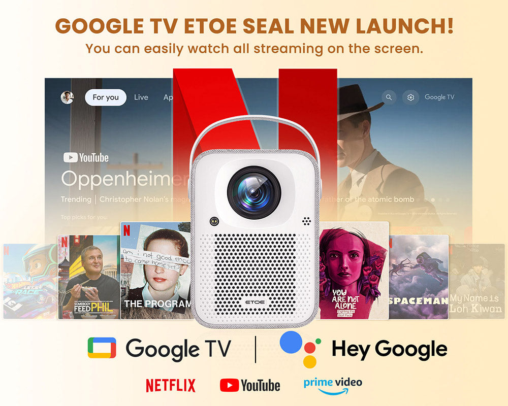 Projektor ETOE Seal, 400 ANSI lumenů, Google TV, nativní rozlišení 1080p, automatické ostření a automatická korekce lichoběžníkového zkreslení, Google Assistant