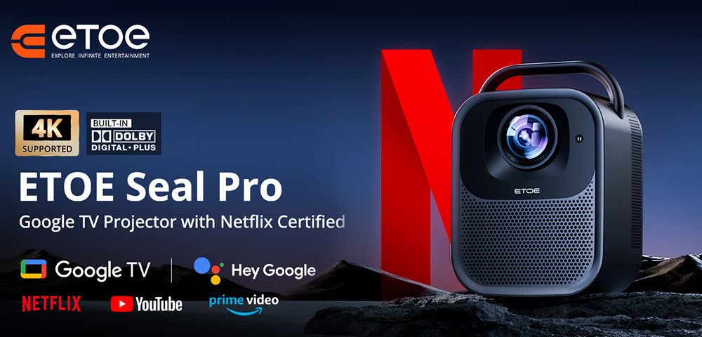 [Certifikovaný pro Netflix a Google TV] ETOE Seal Pro 1000 ANSI LCD projektor, nativní rozlišení 1080p, certifikace Dolby Audio, automatické ostření. Automatická korekce lichoběžníkového zkreslení, 2 x 10W reproduktory, vestavěný Chromecast, Google Assistant