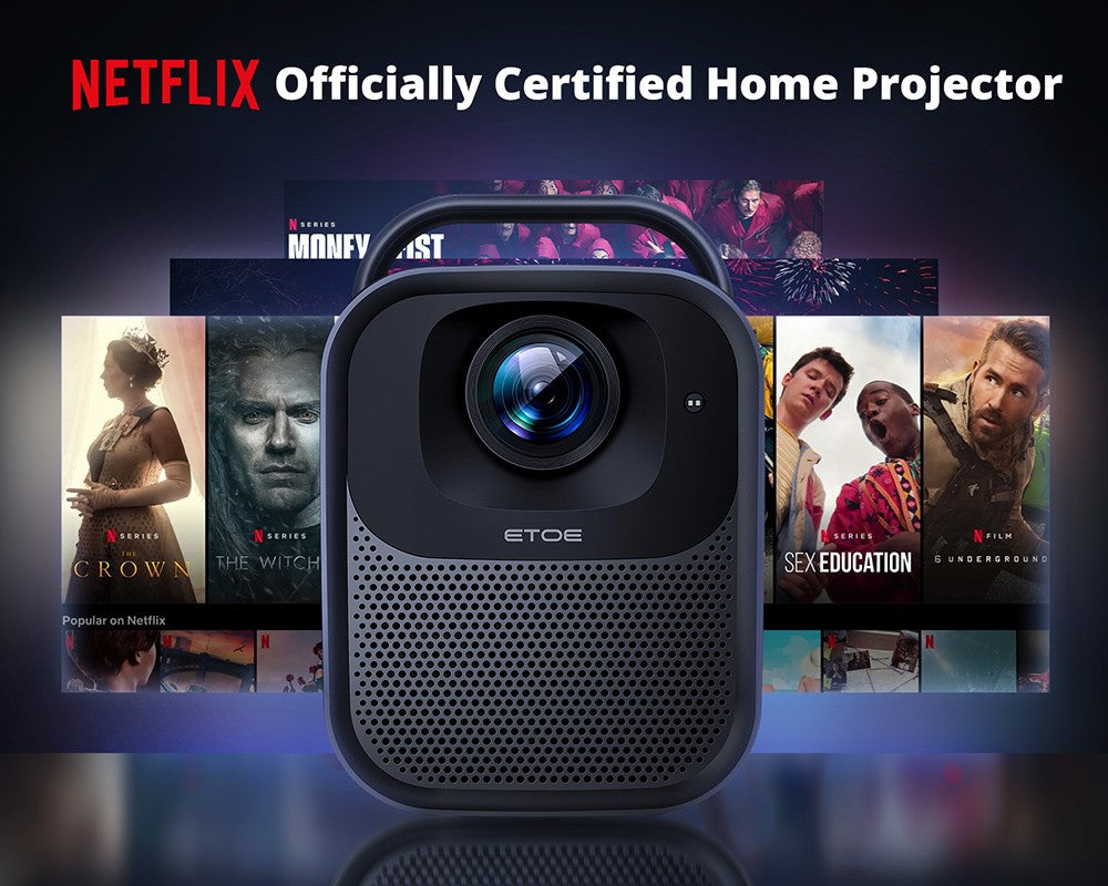 [Certifikovaný pro Netflix a Google TV] ETOE Seal Pro 1000 ANSI LCD projektor, nativní rozlišení 1080p, certifikace Dolby Audio, automatické ostření. Automatická korekce lichoběžníkového zkreslení, 2 x 10W reproduktory, vestavěný Chromecast, Google Assistant