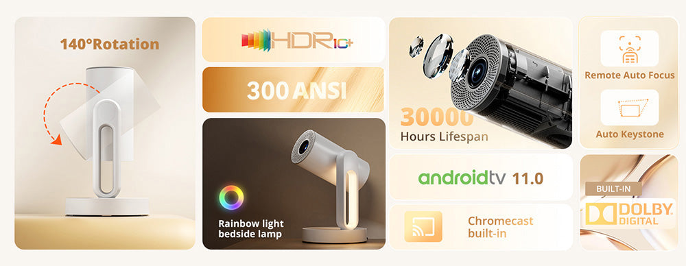 Projektor ETOE Starfish, Android TV 11.0, dotykové noční světlo, rotace 140°, 300 ANSI, dekódování 4K, automatická korekce lichoběžníkového zkreslení, vestavěný Chromecast, 5W reproduktor