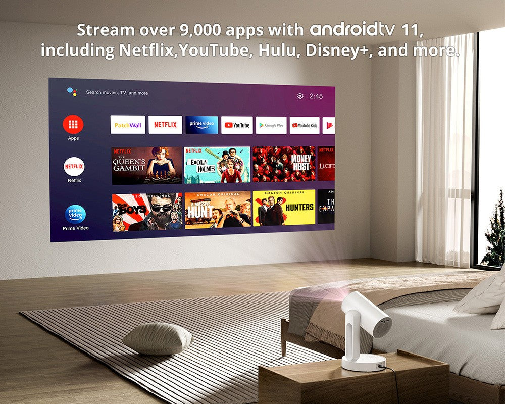 Projektor ETOE Starfish, Android TV 11.0, rotace 140°, 250 ANSI, dekódování 4K, automatická korekce lichoběžníkového zkreslení, vestavěný Chromecast, 5W reproduktor