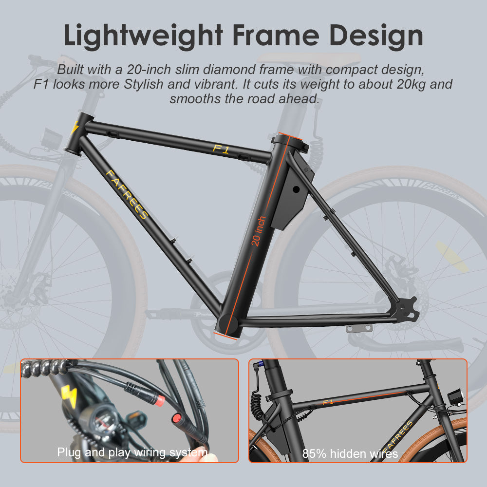 Elektrické kolo Fafrees F1, motor 250 W, baterie 36 V 10 Ah, pneumatiky CST 700C*38C, maximální rychlost 25 km/h, maximální dojezd 90 km, dvojité mechanické kotoučové brzdy - oranžovo-černé