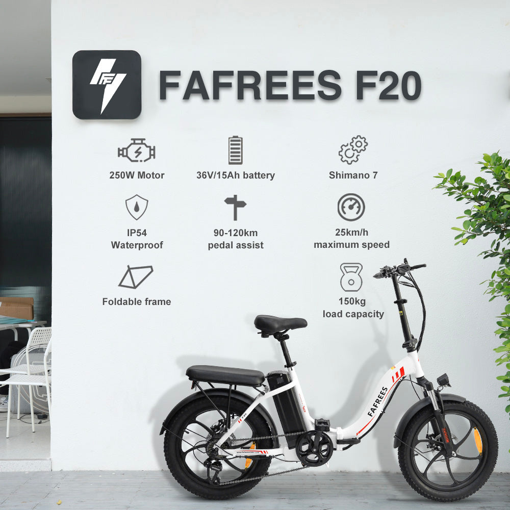 FAFREES F20 Elektrické kolo 20 palců Skládací rám E-kolo 7 rychlostí s vyjímatelnou lithiovou baterií 15AH - bílé
