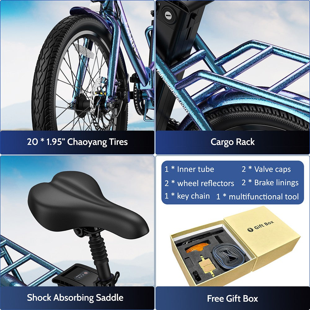 Elektrokolo Fafrees F20 Lasting, motor 250 W, baterie 36 V 18,2 Ah, pneumatiky 20 x 1,95", maximální rychlost 25 km/h, maximální dojezd 120 km, mechanické kotoučové brzdy, SHIMANO 7 rychlostí - zářivě tyrkysová