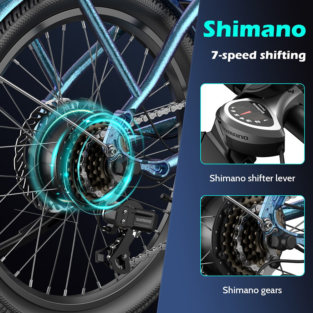 Elektrokolo Fafrees F20 Lasting, motor 250 W, baterie 36 V 18,2 Ah, pneumatiky 20 x 1,95", maximální rychlost 25 km/h, maximální dojezd 120 km, mechanické kotoučové brzdy, SHIMANO 7 rychlostí - zářivě tyrkysová