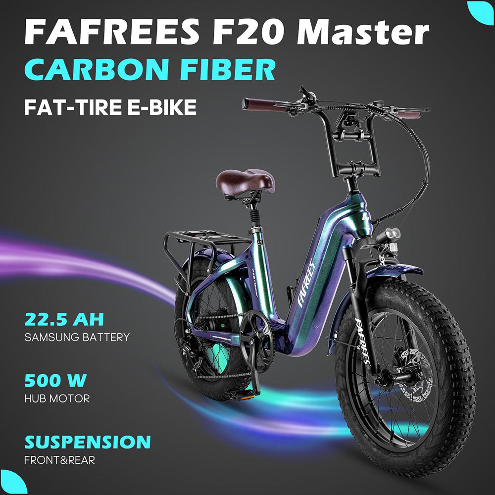 Elektrokolo Fafrees F20 Master 20*4,0 palce, vzduchová pneumatika, 500 W, zadní pohon, maximální rychlost 25 km/h, 48 V, 22,5 Ah, baterie Samsung, dojezd 140–160 km, hydraulické kotoučové brzdy, rám z uhlíkových vláken – šedá Aurora