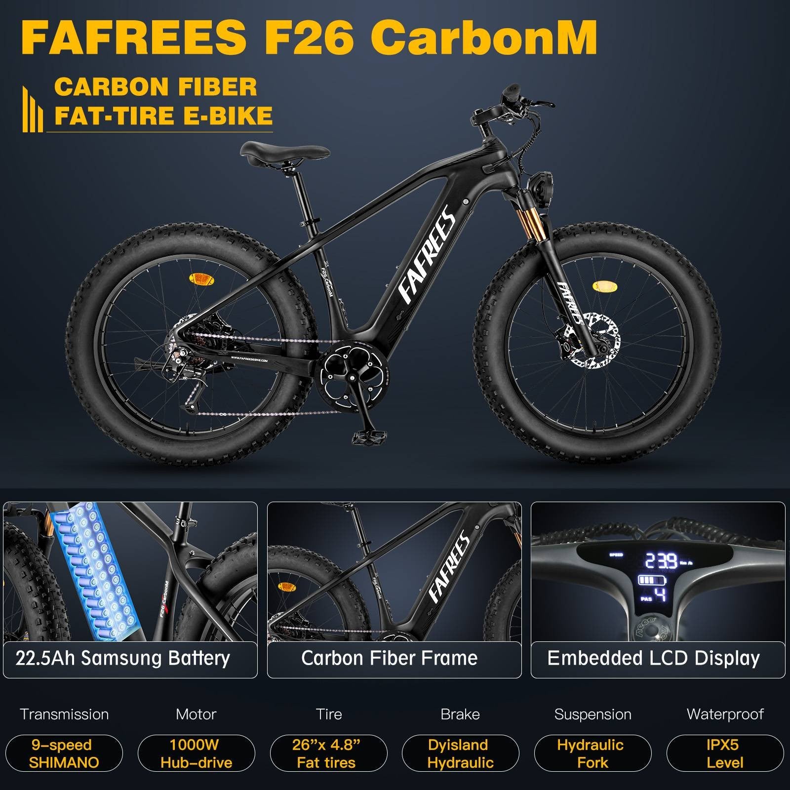 Elektrokolo FAFREES F26 Carbon M, 26*4,8 palce, vzduchová pneumatika, 1000 W, zadní pohon, maximální rychlost 25 km/h, baterie 48 V, 22,5 Ah, dojezd 120–140 km