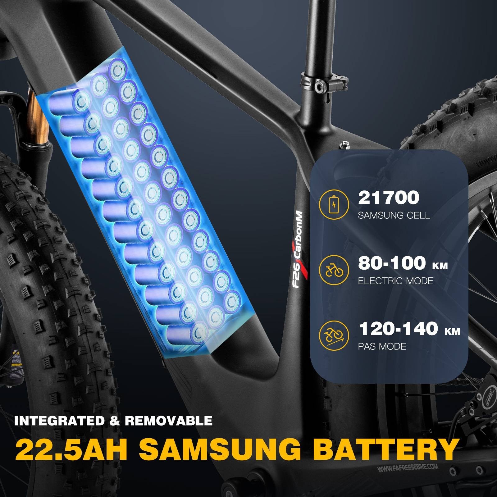 Elektrokolo FAFREES F26 Carbon M, 26*4,8 palce, vzduchová pneumatika, 1000 W, zadní pohon, maximální rychlost 25 km/h, baterie 48 V, 22,5 Ah, dojezd 120–140 km