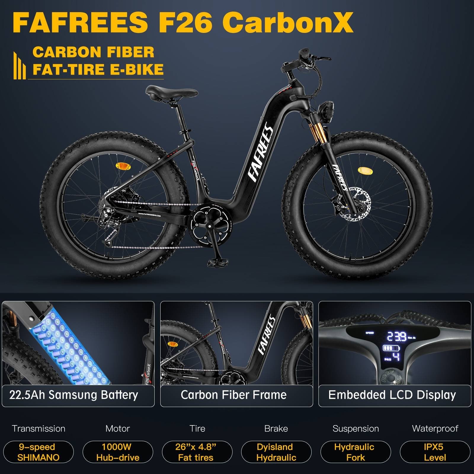 Elektrokolo FAFREES F26 Carbon X 26*4,8 palce, vzduchová pneumatika, 1000 W, zadní pohon, maximální rychlost 25 km/h, baterie 48 V 22,5 Ah, dojezd 120–140 km