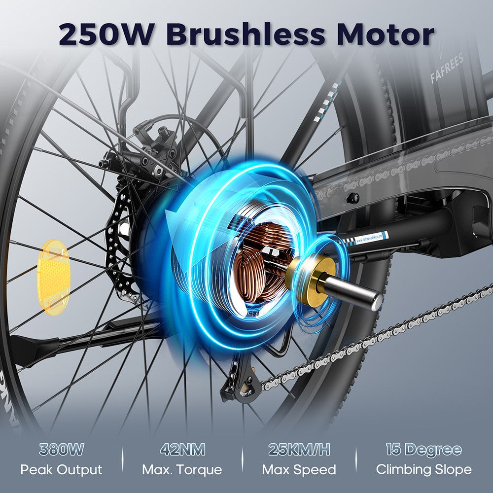 Elektrokolo Fafrees F26 Lasting, motor 250 W, baterie 36 V 20,3 Ah, pneumatiky 26*1,95 palce, maximální rychlost 25 km/h, dojezd 140 km, 7 rychlostí SHIMANO, mechanické kotoučové brzdy, 2,3palcový LCD displej - černé
