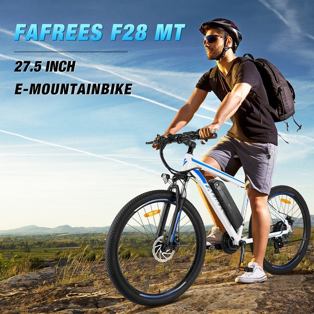 Horské elektrické kolo Fafrees F28 MT, pneumatiky 27,5*2,25 palce, motor 250 W, 36 V, baterie 14,5 Ah, maximální rychlost 25 km/h, dojezd 110 km, mechanické kotoučové brzdy SHIMANO s 21 rychlostmi - modré