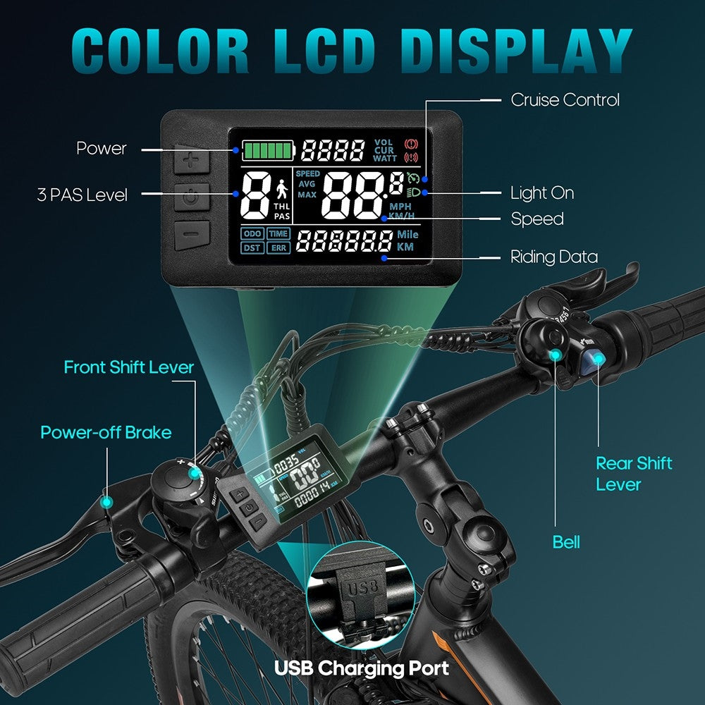 Horské elektrické kolo Fafrees F28 MT, pneumatiky 27,5*2,25 palce, motor 250 W, 36 V, baterie 14,5 Ah, maximální rychlost 25 km/h, dojezd 110 km, mechanické kotoučové brzdy SHIMANO s 21 rychlostmi - modré