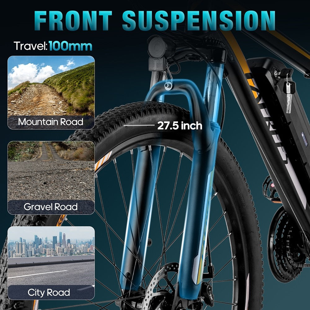 Horské elektrické kolo Fafrees F28 MT, pneumatiky 27,5*2,25 palce, motor 250 W, 36 V, baterie 14,5 Ah, maximální rychlost 25 km/h, dojezd 110 km, mechanické kotoučové brzdy SHIMANO s 21 rychlostmi - modré