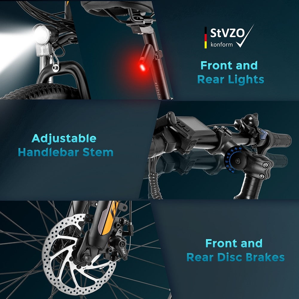 Horské elektrické kolo Fafrees F28 MT, pneumatiky 27,5*2,25 palce, motor 250 W, 36 V, baterie 14,5 Ah, maximální rychlost 25 km/h, dojezd 110 km, mechanické kotoučové brzdy SHIMANO s 21 rychlostmi - modré