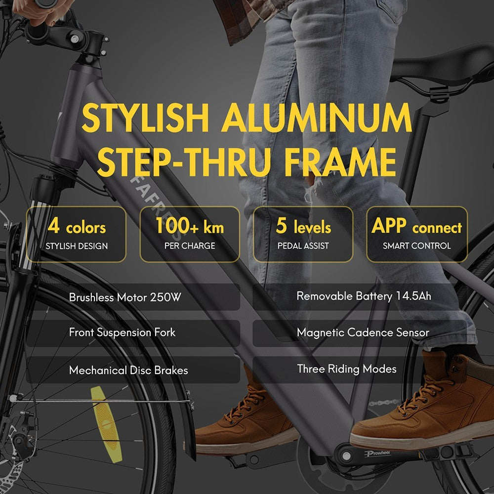 F28 Pro 27,5" městské elektrokolo Step-Through 25 km/h motor 250 W 36 V 14,5 Ah vestavěná vyjímatelná baterie Shimano 7 rychlostí - černá