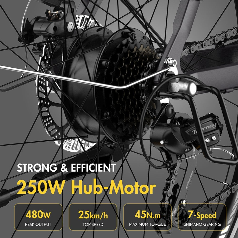 F28 Pro 27,5" městské elektrokolo Step-Through 25 km/h motor 250 W 36 V 14,5 Ah vestavěná vyjímatelná baterie Shimano 7 rychlostí - černá