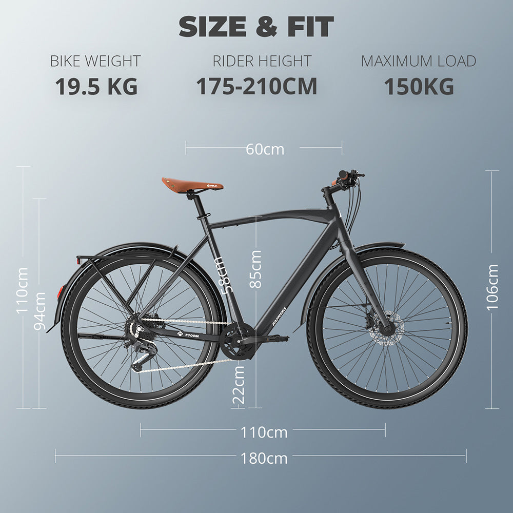 Elektrické kolo Fafrees F700M, motor 250 W, baterie 36 V 10 Ah, pneumatiky 700*42C, maximální rychlost 25 km/h, maximální dojezd 100 km, hydraulické kotoučové brzdy, senzor točivého momentu, SHIMANO CUES 9 rychlostí - černé