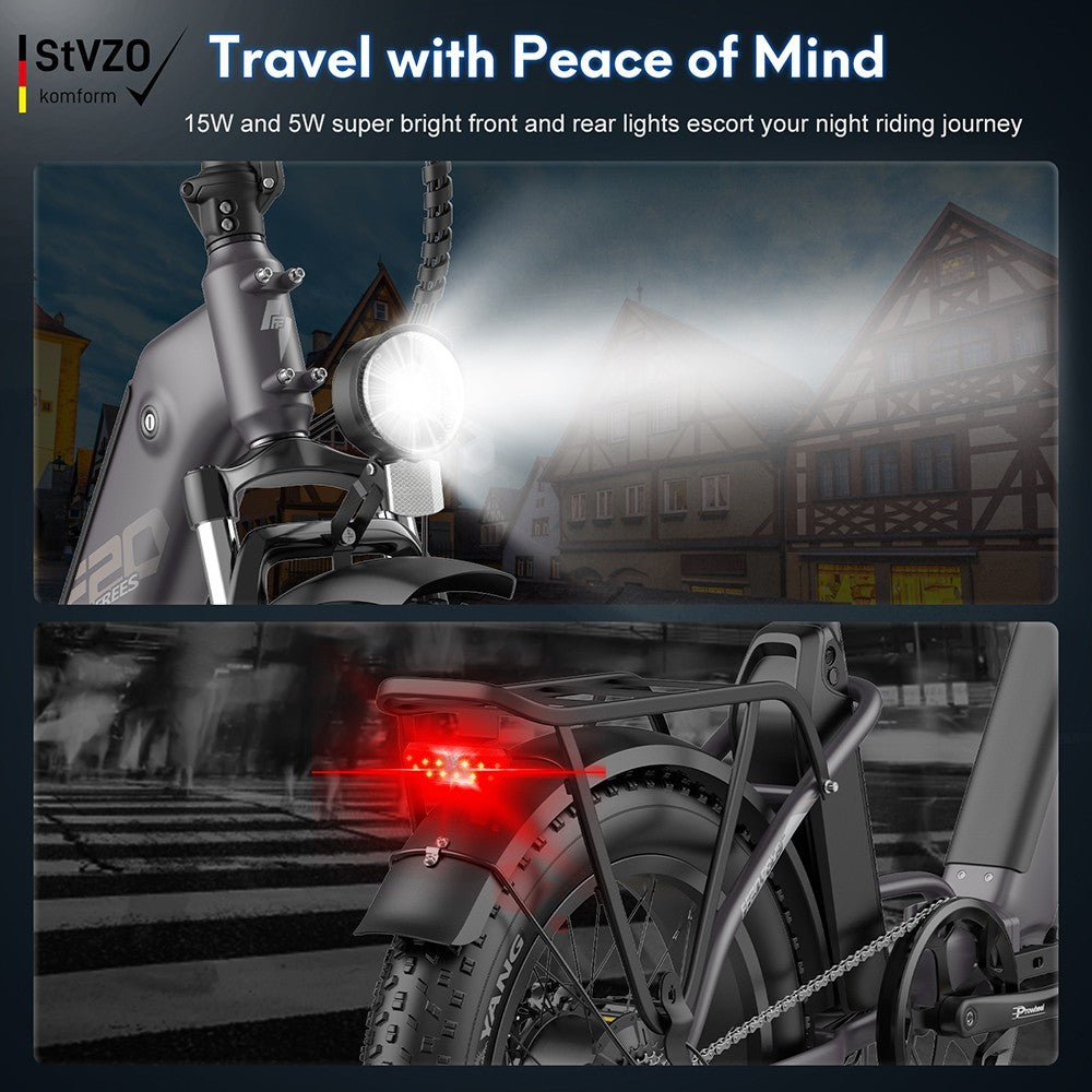 Elektrické kolo Polar FF20, motor 48 V 500 W, maximální rychlost 40 km/h, dvě baterie 10,4 Ah, dojezd 150 km, 20*4,0 palce, tlusté pneumatiky CHAOYANG, dvojité kotoučové brzdy Shimano, 7stupňová převodovka, barevný LCD displej - modrý