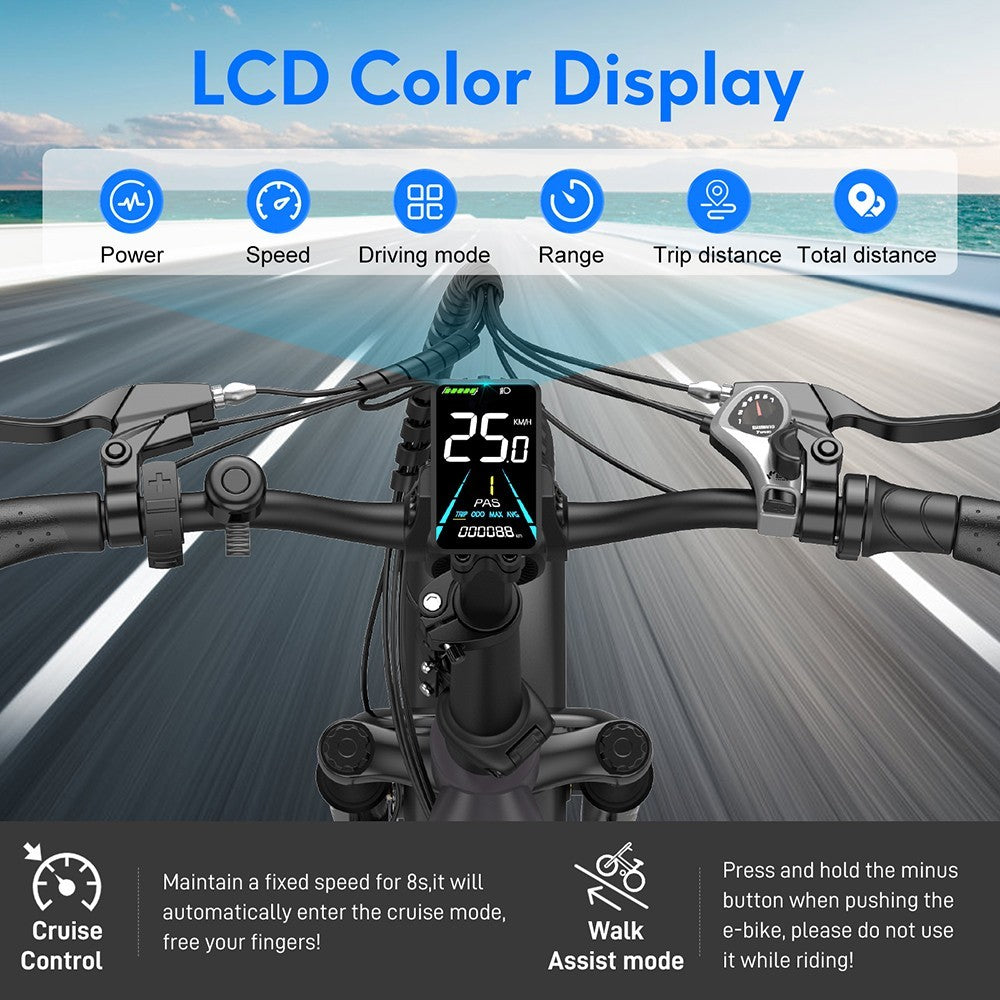 Elektrické kolo Polar FF20, motor 48 V 500 W, maximální rychlost 40 km/h, dvě baterie 10,4 Ah, dojezd 150 km, 20*4,0 palce, tlusté pneumatiky CHAOYANG, dvojité kotoučové brzdy Shimano, 7stupňová převodovka, barevný LCD displej - modrý