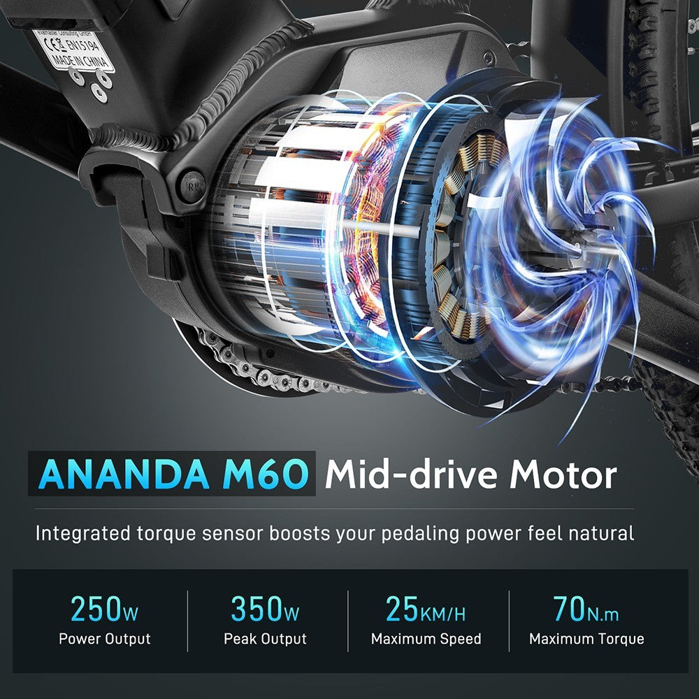 Elektrické kolo FAFREES FM8 Pro 27,5 palců, vzduchové pneumatiky 36V 250W, střední pohon 25km/h maximální rychlost 14,5Ah baterie dojezd 100-120km - černé