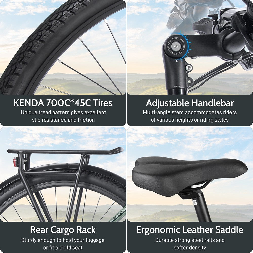 Městské elektrokolo FM9, pneumatiky KENDA 700C*45C, motor Bafang Mid-Drive 250 W, maximální rychlost 25 km/h, baterie 36 V 15 Ah, dojezd 100 km, mechanické kotoučové brzdy SHIMANO TEKTRO se 7 rychlostmi - zelená