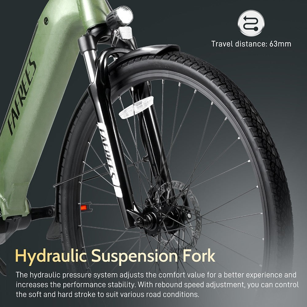 Městské elektrokolo FM9, pneumatiky KENDA 700C*45C, motor Bafang Mid-Drive 250 W, maximální rychlost 25 km/h, baterie 36 V 15 Ah, dojezd 100 km, mechanické kotoučové brzdy SHIMANO TEKTRO se 7 rychlostmi - zelená