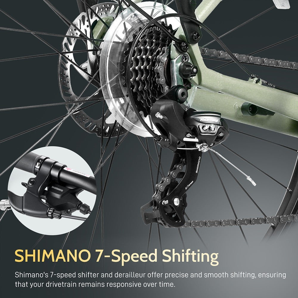 Městské elektrokolo FM9, pneumatiky KENDA 700C*45C, motor Bafang Mid-Drive 250 W, maximální rychlost 25 km/h, baterie 36 V 15 Ah, dojezd 100 km, mechanické kotoučové brzdy SHIMANO TEKTRO se 7 rychlostmi - zelená