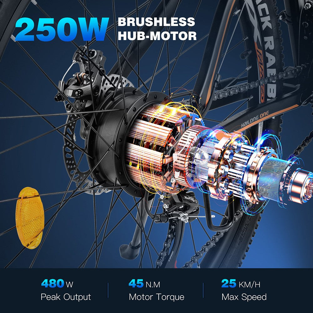 Elektrické kolo Fafrees Hailong One, motor 250 W, baterie 36 V / 13 Ah, pneumatiky CST 26*2,1 palce, maximální rychlost 25 km/h, maximální dojezd 100 km, LCD displej, SHIMANO 21 rychlostí - černé