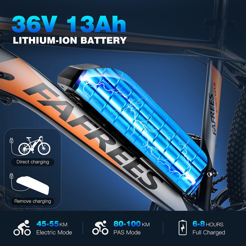 Elektrické kolo Fafrees Hailong One, motor 250 W, baterie 36 V / 13 Ah, pneumatiky CST 26*2,1 palce, maximální rychlost 25 km/h, maximální dojezd 100 km, LCD displej, SHIMANO 21 rychlostí - černé