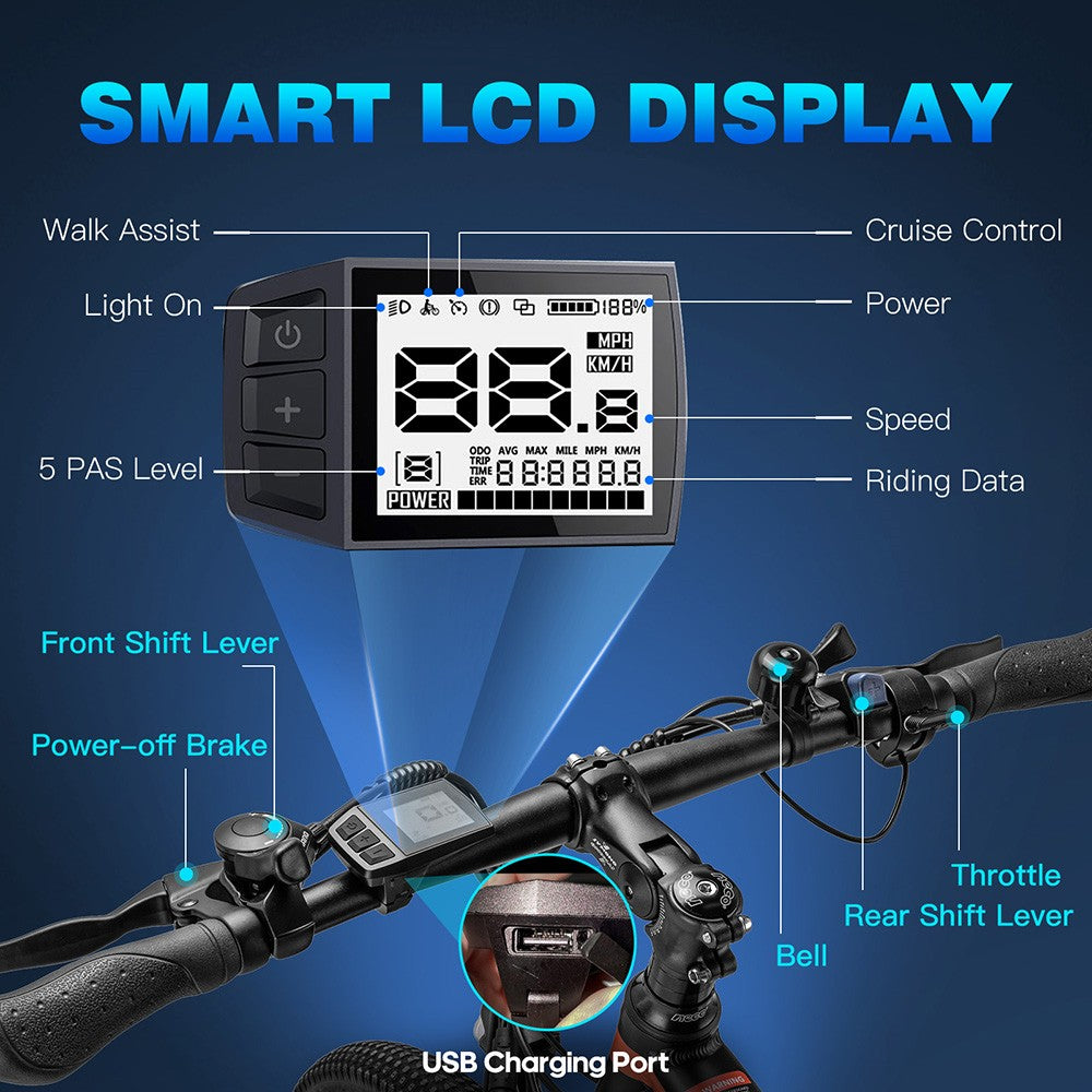 Elektrické kolo Fafrees Hailong One, motor 250 W, baterie 36 V / 13 Ah, pneumatiky CST 26*2,1 palce, maximální rychlost 25 km/h, maximální dojezd 100 km, LCD displej, SHIMANO 21 rychlostí - černé