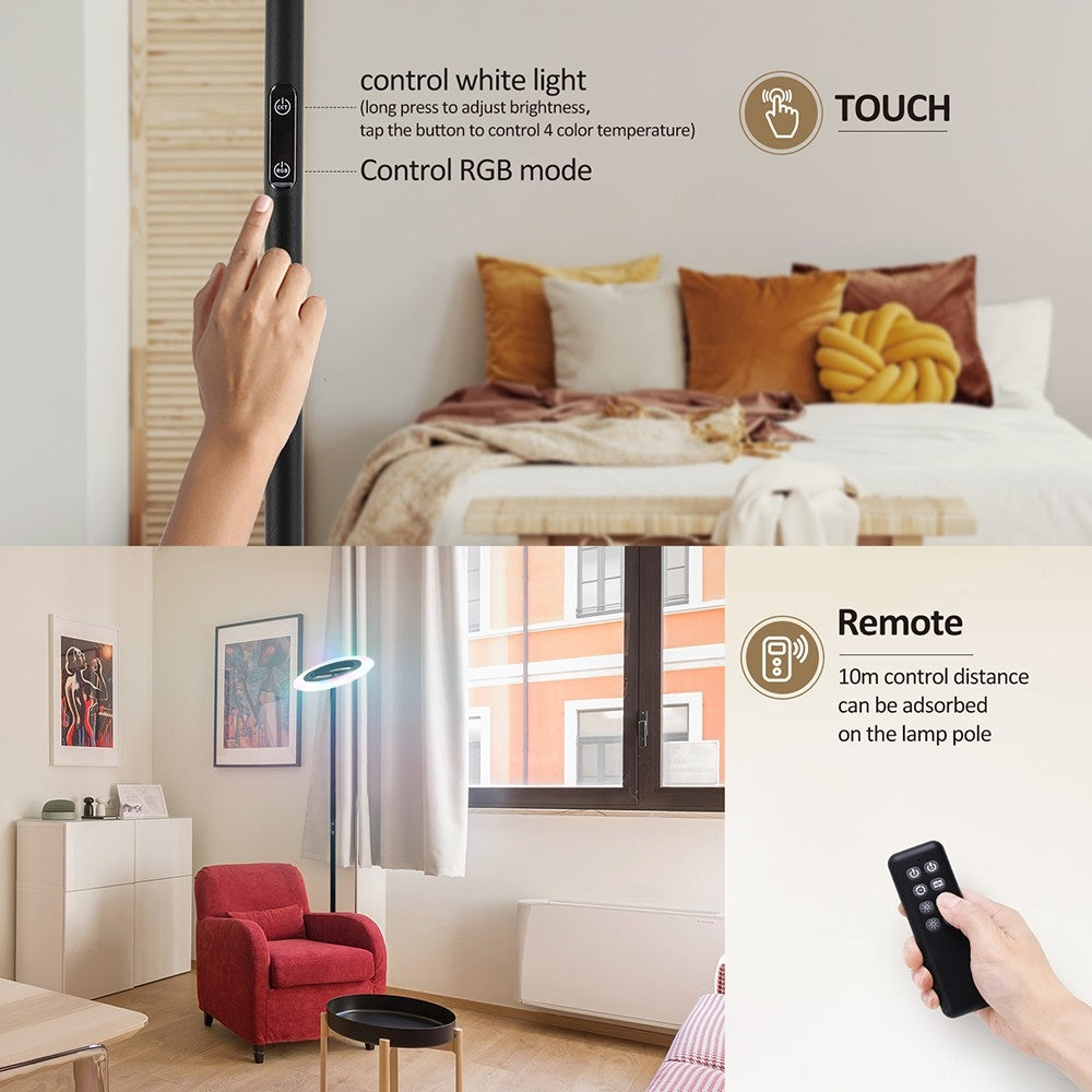 FIMEI MF18809 RGB LED stojací lampa, 18 RGB režimů, 4 teploty barev, dálkové ovládání, pro obývací pokoj, ložnici, kancelář - černá