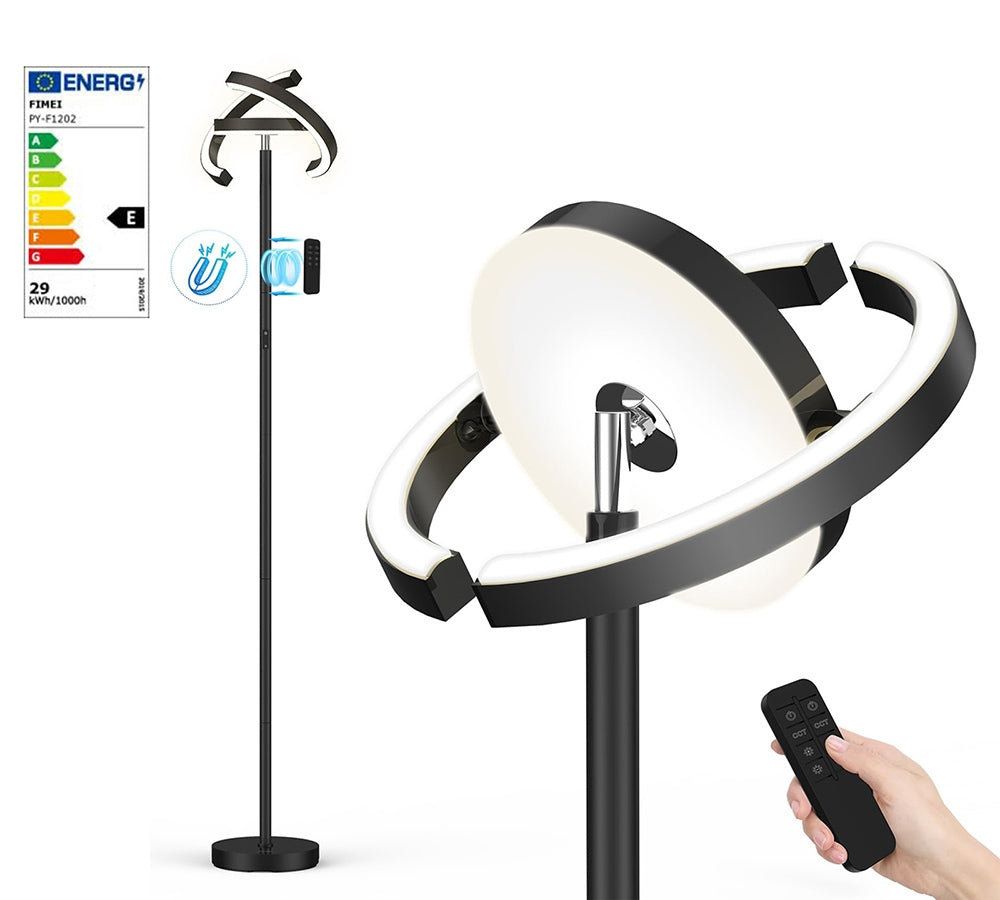 LED stojací lampa FIMEI PY-F1202, centrální svítidlo směřující dolů, teplota chromatičnosti 3000K-6000K, plynulé stmívání, dálkové/dotykové ovládání, do obývacího pokoje - černá