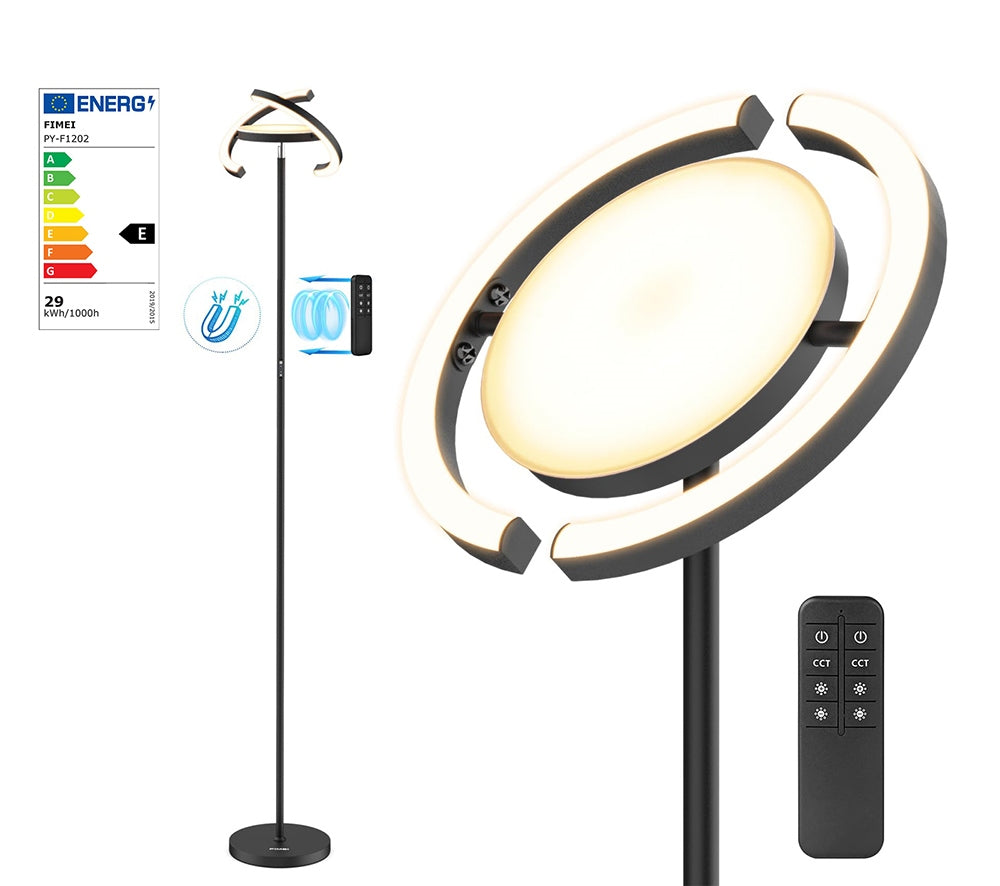 LED stojací lampa FIMEI PY-F1205, centrální svítidlo směřující nahoru, teplota chromatičnosti 3000K-6000K, plynulé stmívání, dálkové/dotykové ovládání, do obývacího pokoje - černá