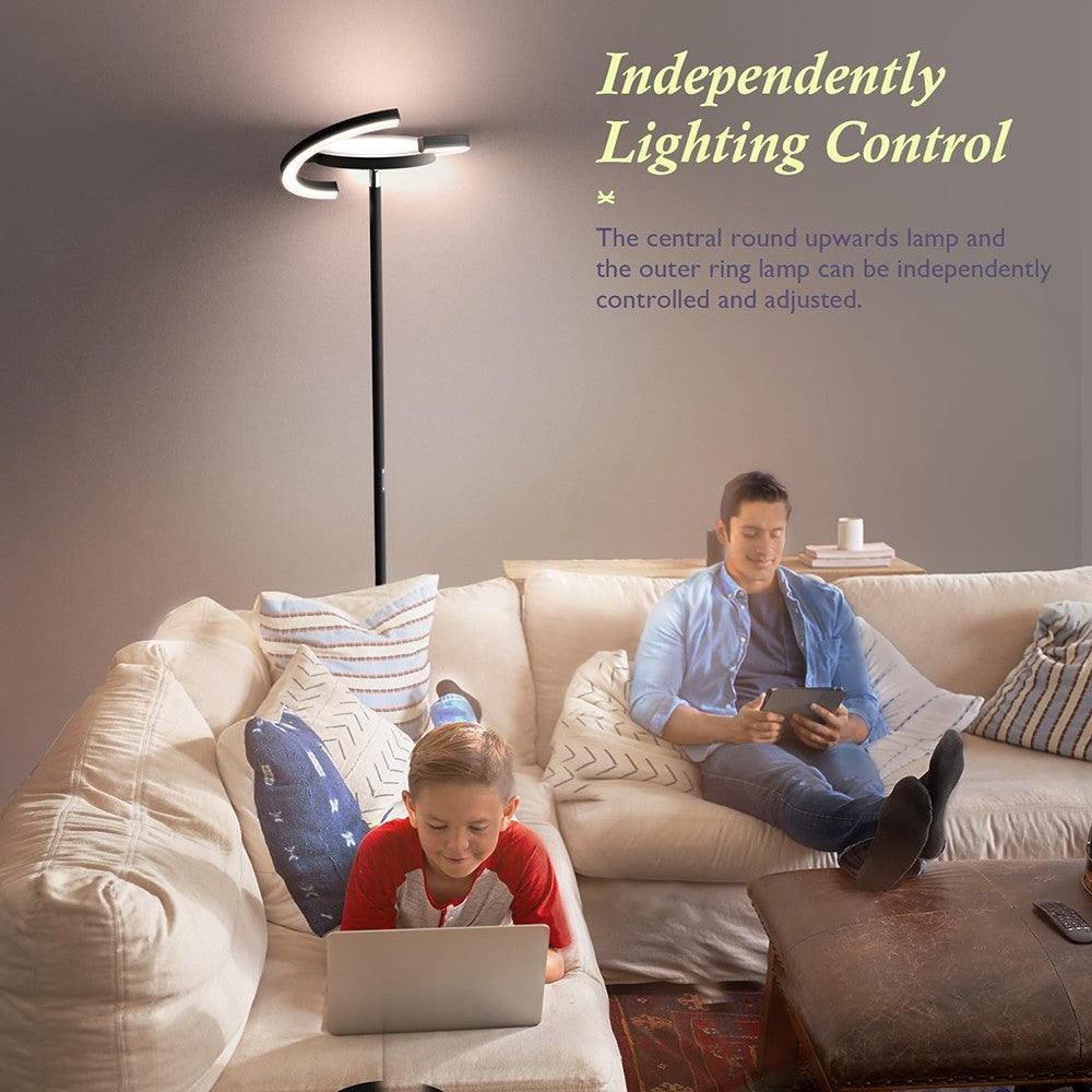 LED stojací lampa FIMEI PY-F1205, centrální svítidlo směřující nahoru, teplota chromatičnosti 3000K-6000K, plynulé stmívání, dálkové/dotykové ovládání, do obývacího pokoje - černá