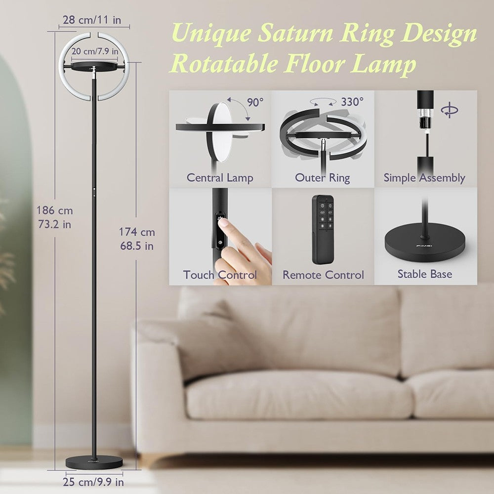 LED stojací lampa FIMEI PY-F1205, centrální svítidlo směřující nahoru, teplota chromatičnosti 3000K-6000K, plynulé stmívání, dálkové/dotykové ovládání, do obývacího pokoje - černá
