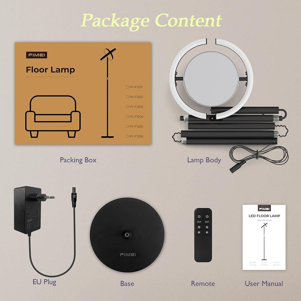 LED stojací lampa FIMEI PY-F1205, centrální svítidlo směřující nahoru, teplota chromatičnosti 3000K-6000K, plynulé stmívání, dálkové/dotykové ovládání, do obývacího pokoje - černá