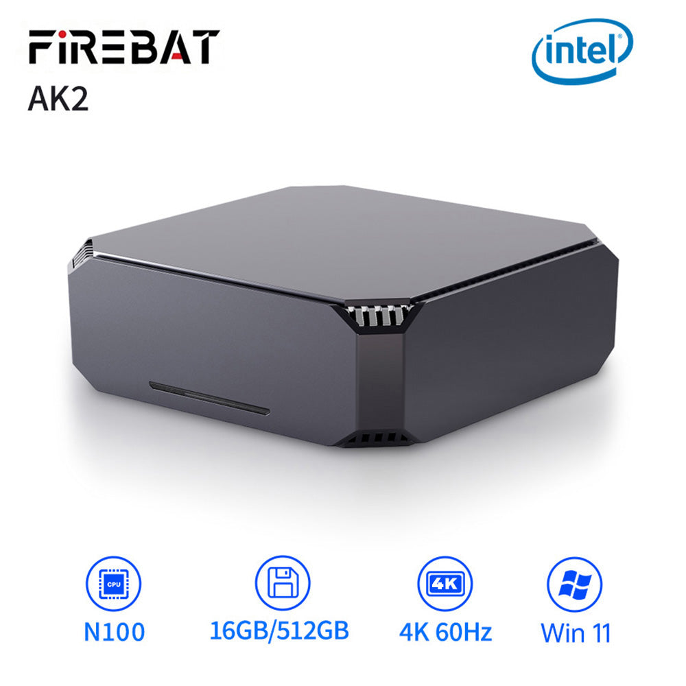 Mini PC FIREBAT AK2 Plus, Intel N100 4 jádra max. 3,4 GHz, 16 GB RAM, 512 GB SSD, 2*HDMI 2.0 4K 60Hz duální displej, WiFi 5 Bluetooth 4.2, 2*USB 3.2 2*USB 2.0 1*LAN 1*Audio, ventilátor - zástrčka EU