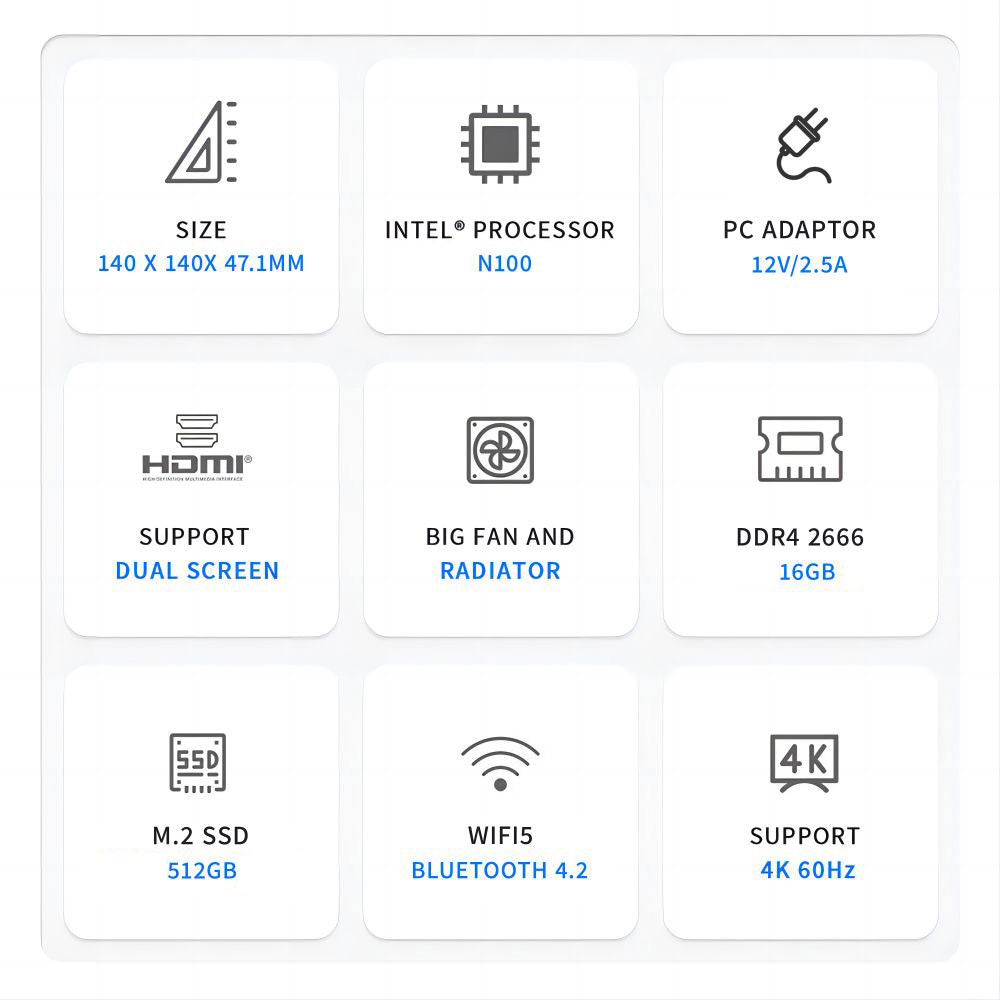 Mini PC FIREBAT AK2 Plus, Intel N100 4 jádra max. 3,4 GHz, 16 GB RAM, 512 GB SSD, 2*HDMI 2.0 4K 60Hz duální displej, WiFi 5 Bluetooth 4.2, 2*USB 3.2 2*USB 2.0 1*LAN 1*Audio, ventilátor - zástrčka EU