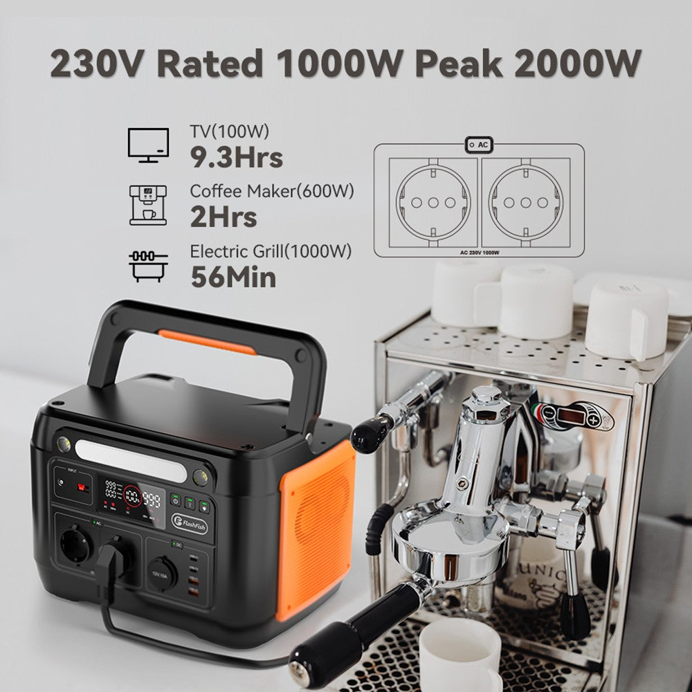 Přenosná elektrárna Flashfish A1001 1000W, solární generátor 1030Wh/278400mAh, čistě sinusové AC porty, 7 výstupů, LED světla - zástrčka EU