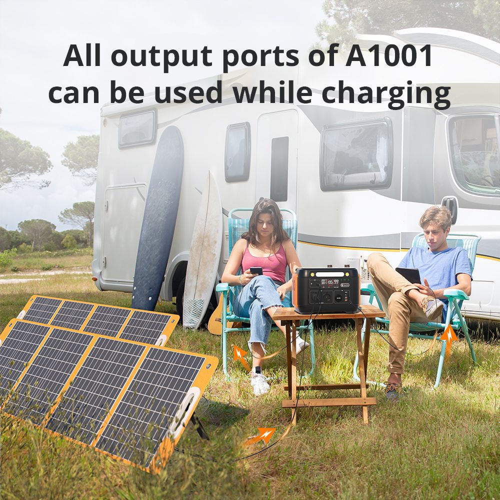Přenosná elektrárna Flashfish A1001 1000W, solární generátor 1030Wh/278400mAh, čistě sinusové AC porty, 7 výstupů, LED světla - zástrčka EU