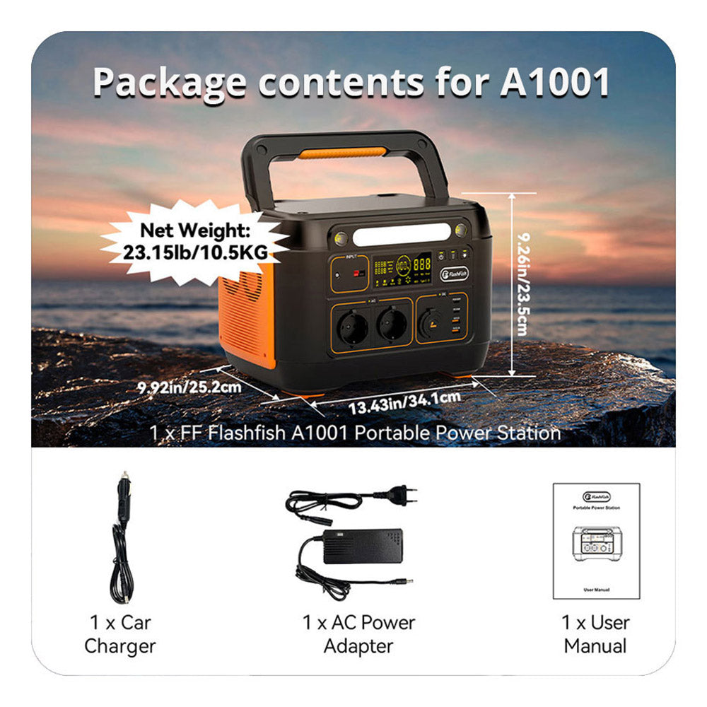 Přenosná elektrárna Flashfish A1001 1000W, solární generátor 1030Wh/278400mAh, čistě sinusové AC porty, 7 výstupů, LED světla - zástrčka EU