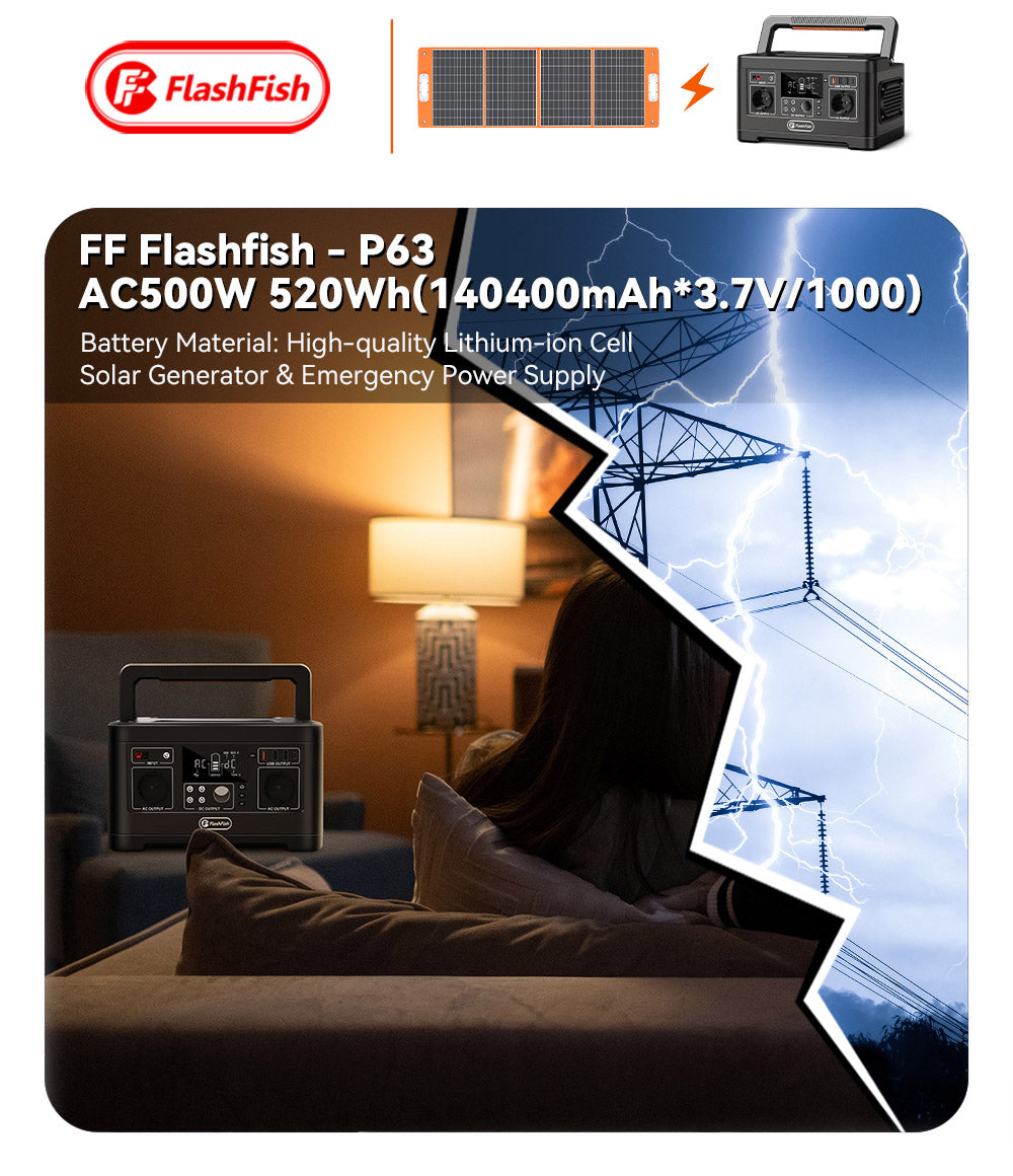 Přenosná elektrárna Flashfish P63, solární generátor s lithiovou baterií 520 Wh/140 400 mAh, výstup 500 W AC, 5x DC výstupy, 4x USB výstupy