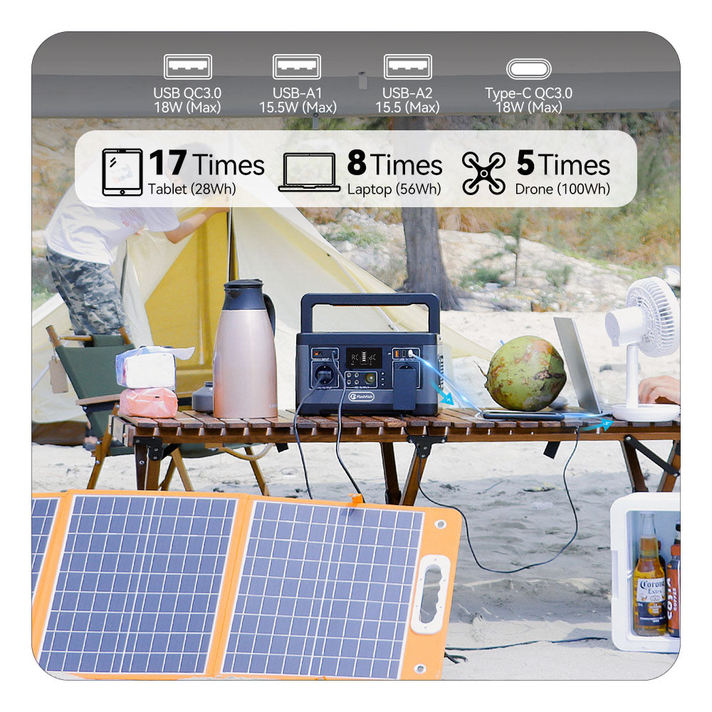 Přenosná elektrárna Flashfish P63, solární generátor s lithiovou baterií 520 Wh/140 400 mAh, výstup 500 W AC, 5x DC výstupy, 4x USB výstupy